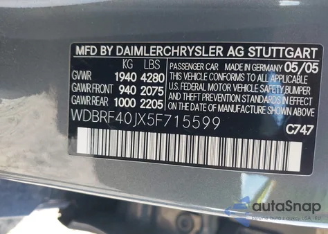 2005 Mercedes-Benz C 230 Kompressor Sport z USA, uszkodzony, nr VIN WDBRF40JX5F715599